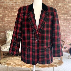 Sag Harbor Vintage 90’s Blazer Red Black Tartan Plaid Metallic 16P Preppy Work